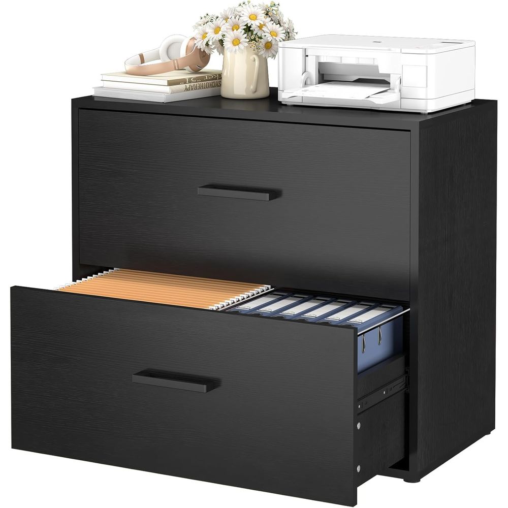 File Cabinet Lateral - Wooden Rattan Lateral File Cabinet, Black,